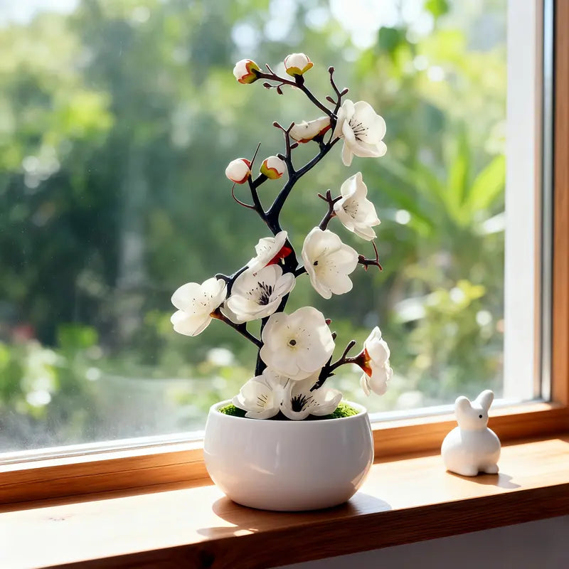 These lifelike Chinese plum blossom bonsai are exquisitely crafted and suitable for both indoor and outdoor use.