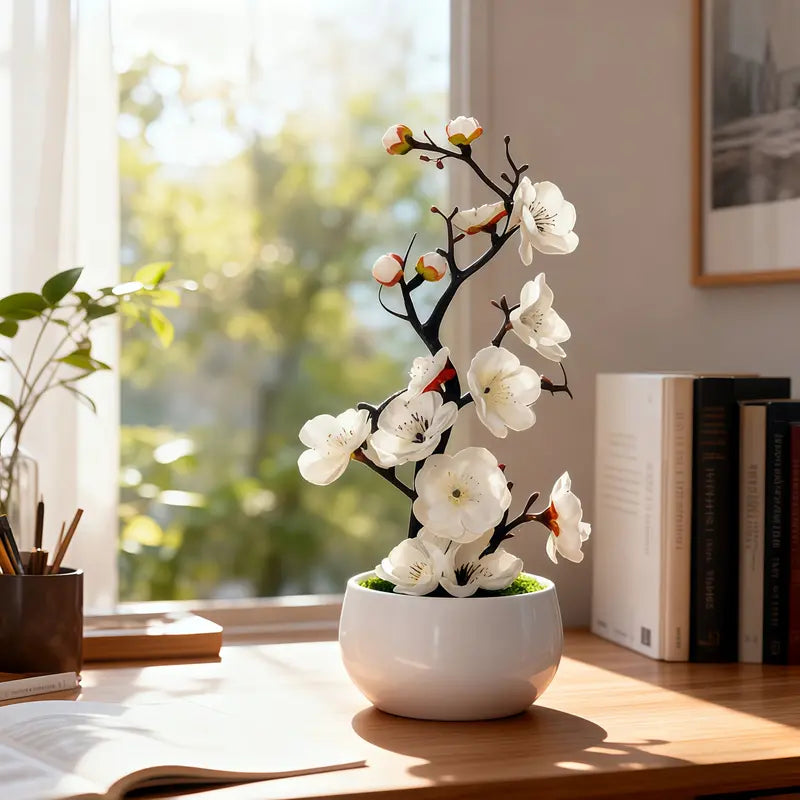 These lifelike Chinese plum blossom bonsai are exquisitely crafted and suitable for both indoor and outdoor use.