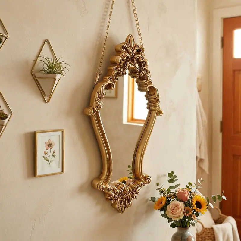 Retro Resin Wall Mirror, Wall-Mounted Mirror, Decorative Hanging Vanity Mirror, Bathroom Vanity Decor