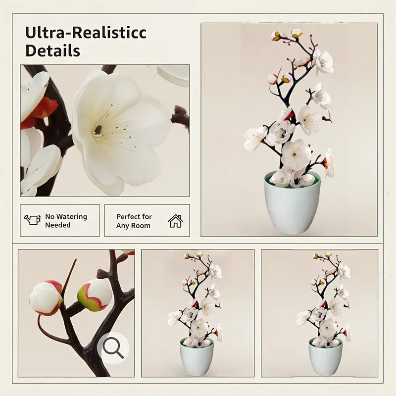These lifelike Chinese plum blossom bonsai are exquisitely crafted and suitable for both indoor and outdoor use.